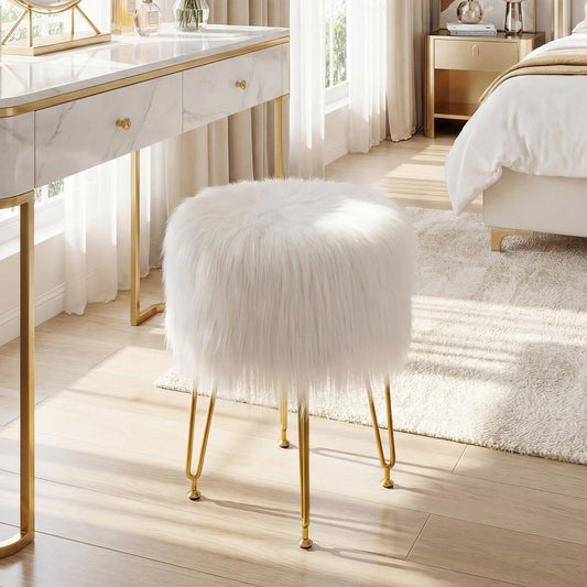 Faux Fur Vanity Stool Chair with Metal Legs for Bedroom and Living Room - Tampa Home & Garden Store