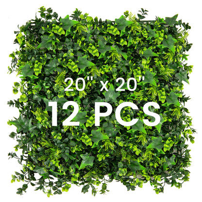 12 Paneles de follaje verde artificial de 20 x 20 pulgadas con ramas insertables
