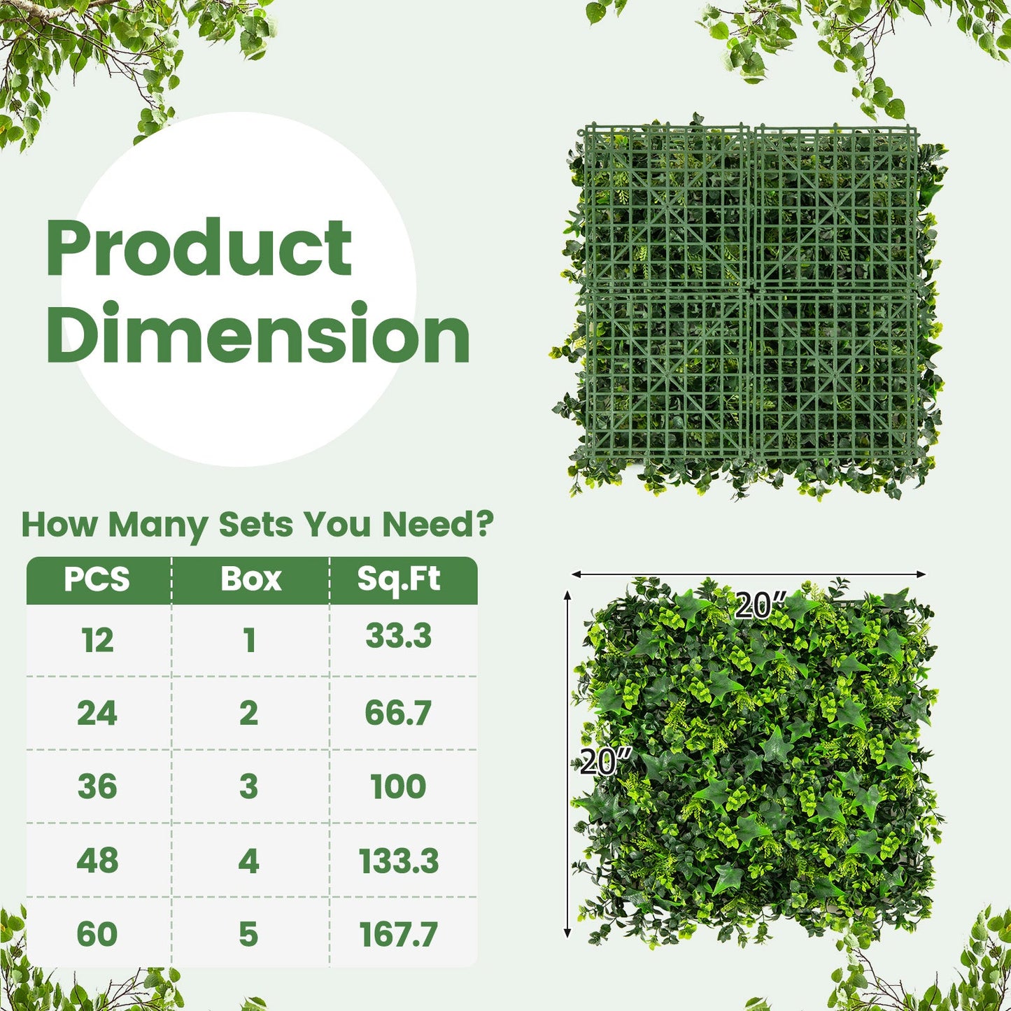 12 Paneles de follaje verde artificial de 20 x 20 pulgadas con ramas insertables