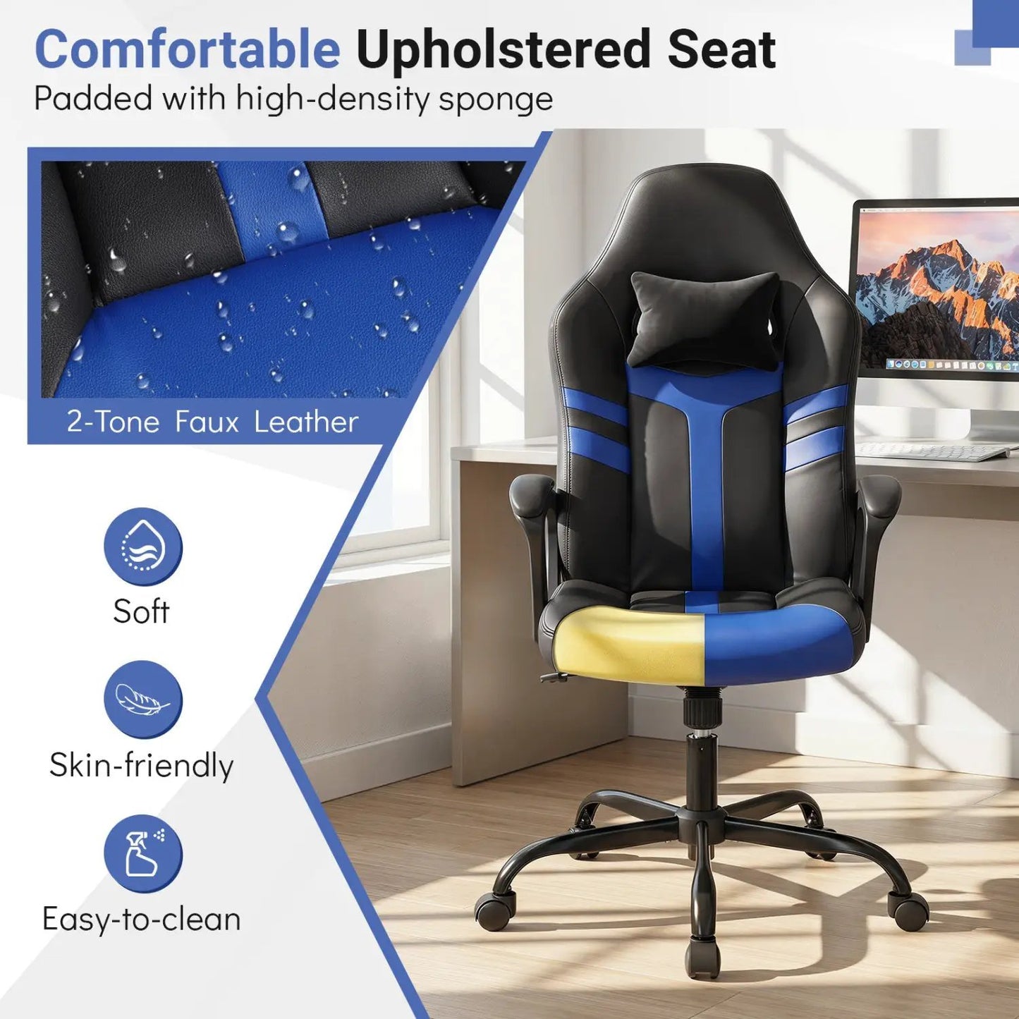 Ergonomic Gaming Chair with Removable Head Pillow