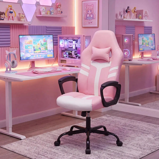 Ergonomic DirectDeals pink gaming chair with removable head pillow and black armrests on Tampa Home & Garden Store