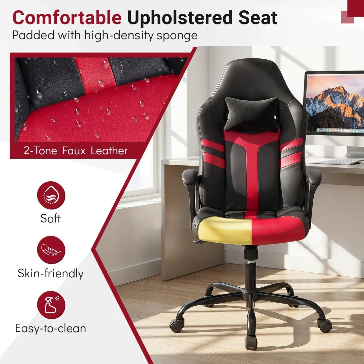 Ergonomic Gaming Chair with Removable Head Pillow