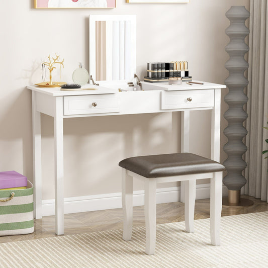 Faux Leather Vanity Stool Chair Set of 2 for Makeup Room and Living Room-Gray and White - Tampa Home & Garden Store