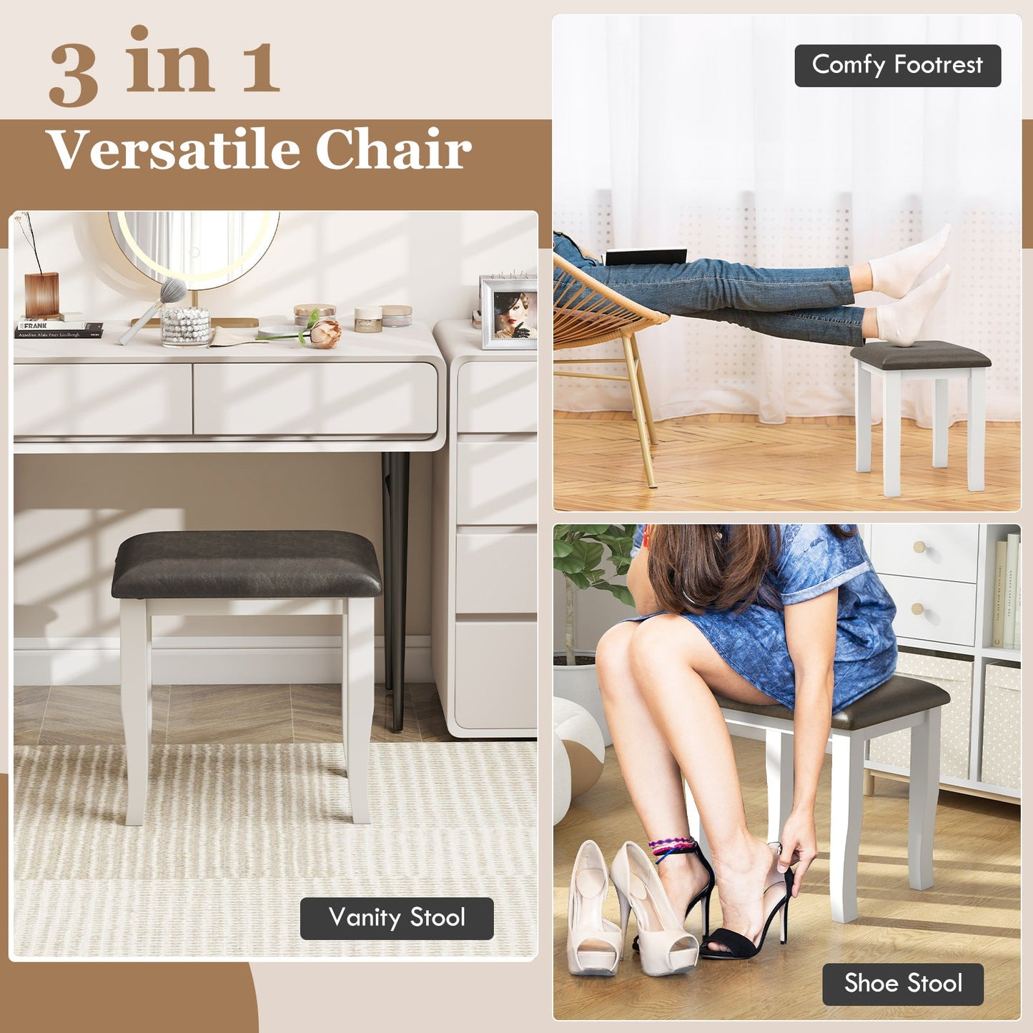 Faux Leather Vanity Stool Chair Set of 2 for Makeup Room and Living Room-Gray and White