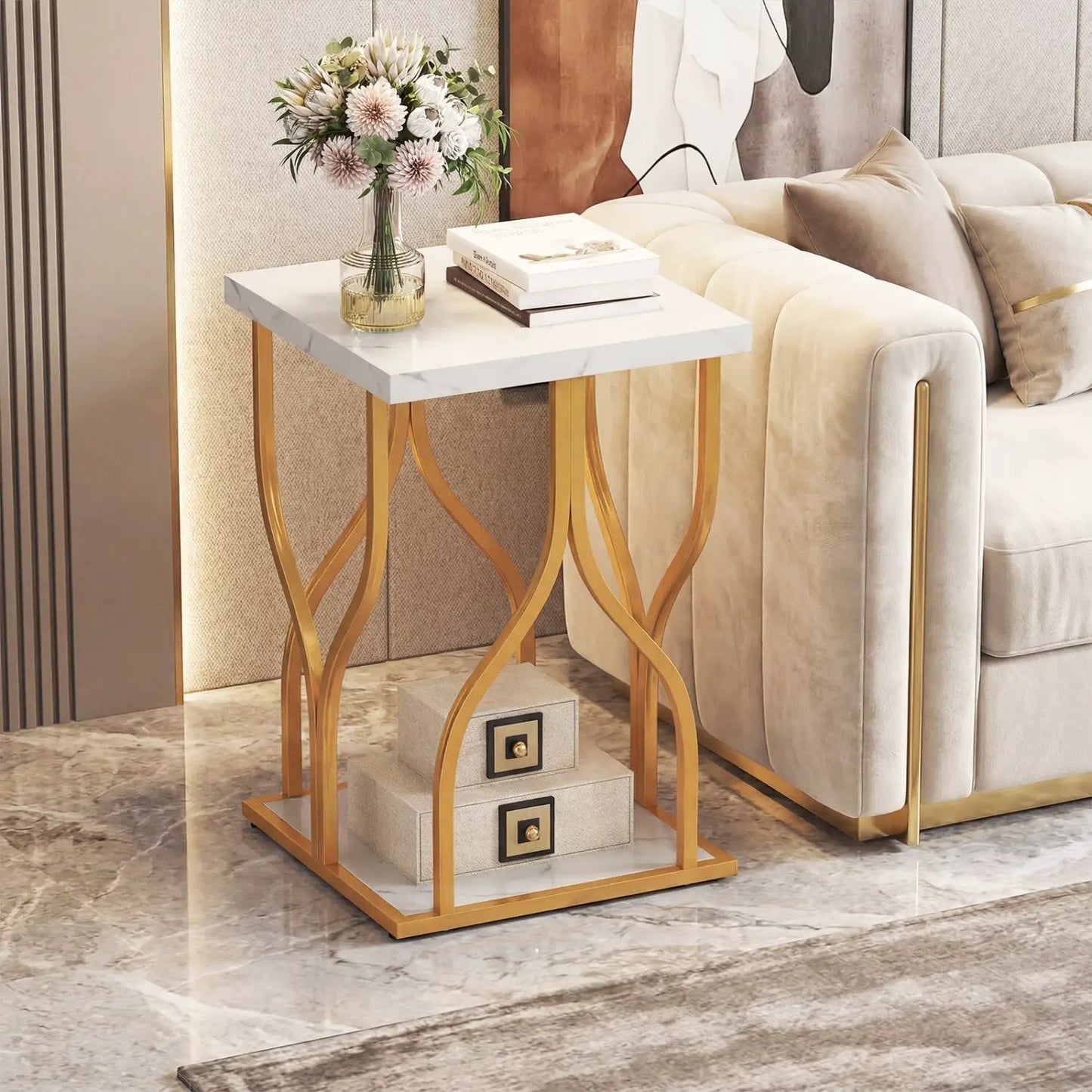 Faux Marble Nightstand with Petal Frame and Metal