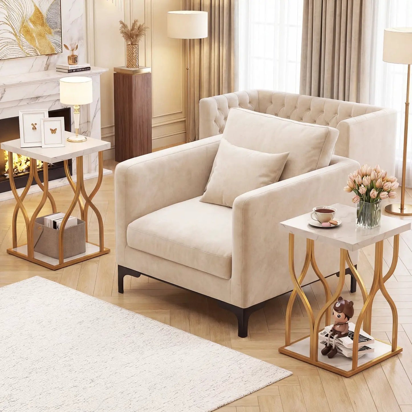 Faux Marble Nightstand with Petal Frame and Metal