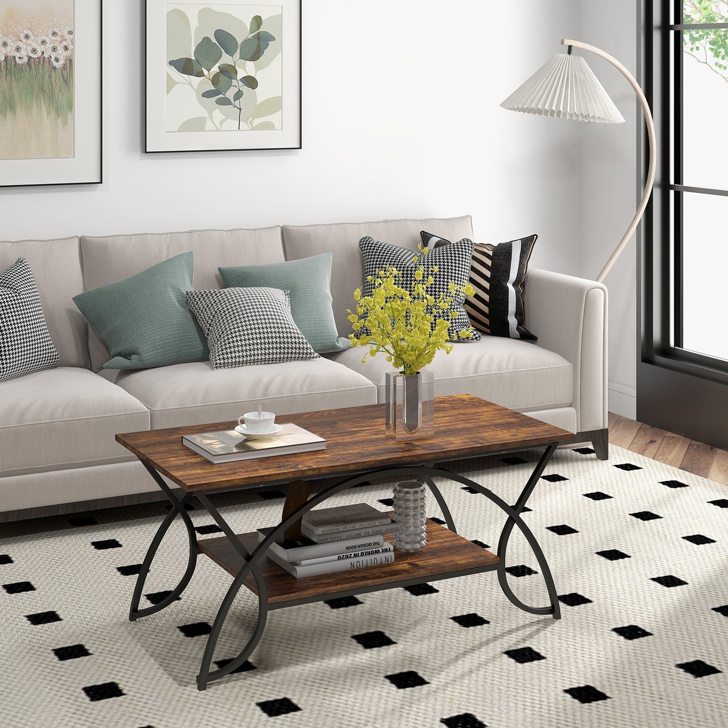 2-Tier Rectangle Coffee Table With Marble Pattern