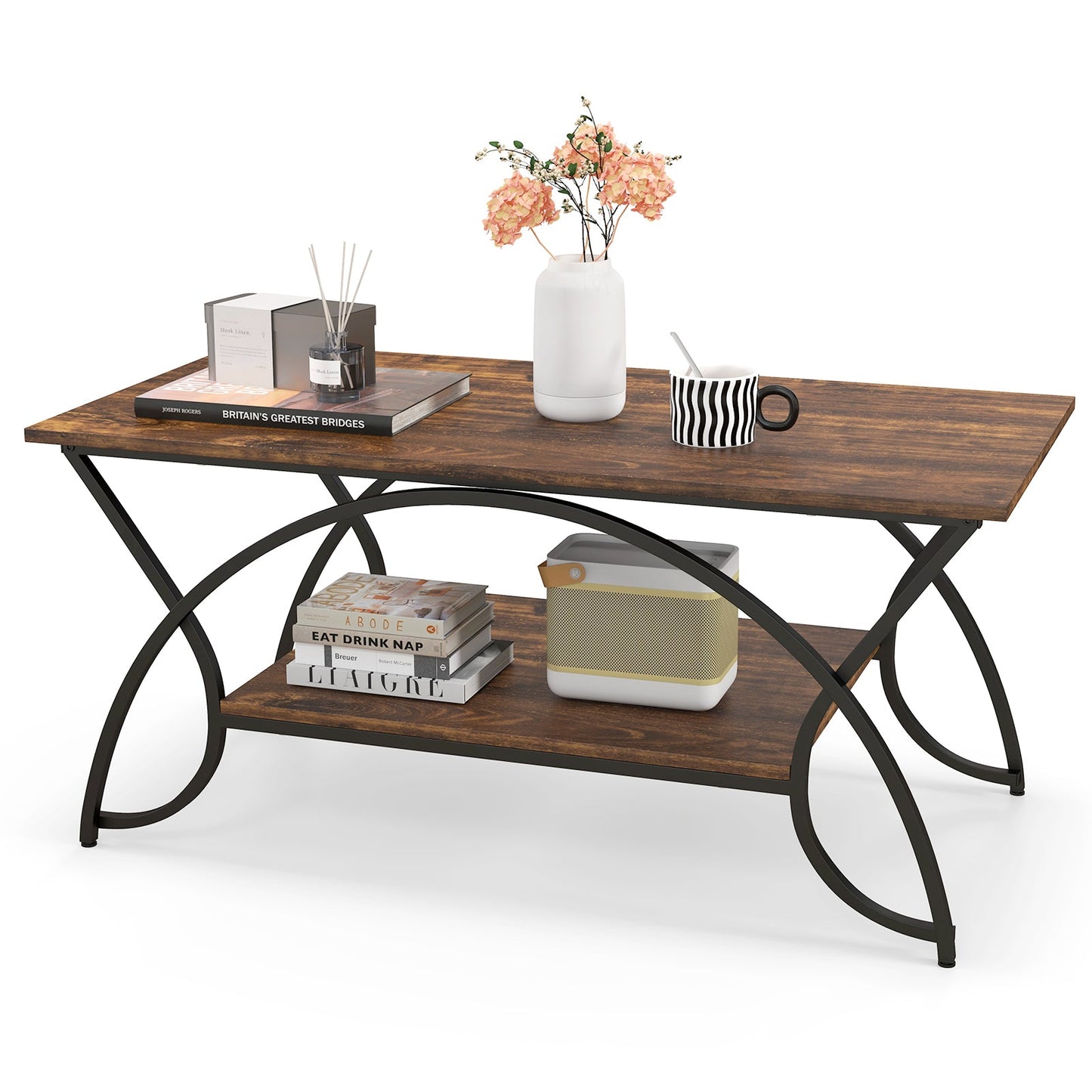 2-Tier Rectangle Coffee Table With Marble Pattern