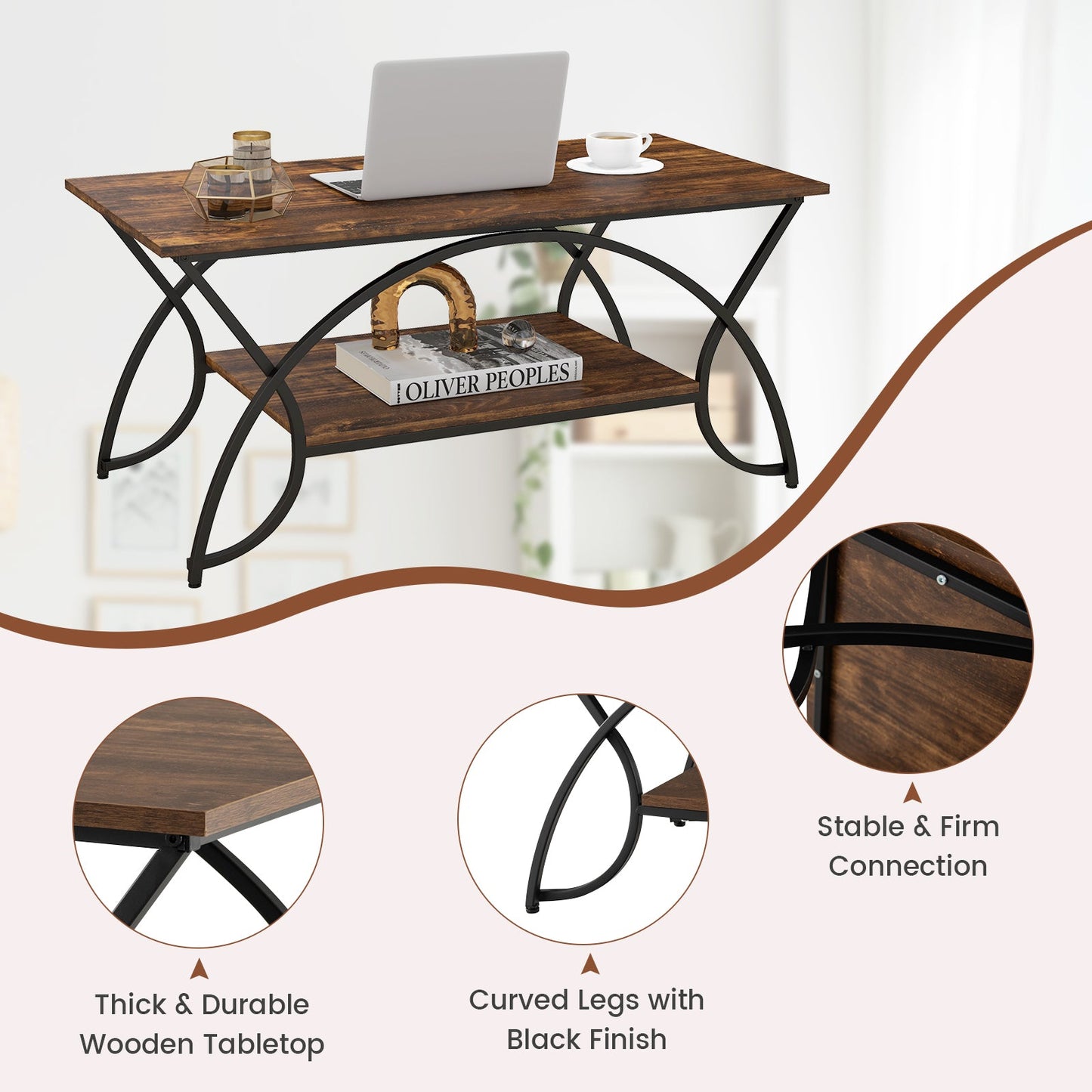 2-Tier Rectangle Coffee Table With Marble Pattern