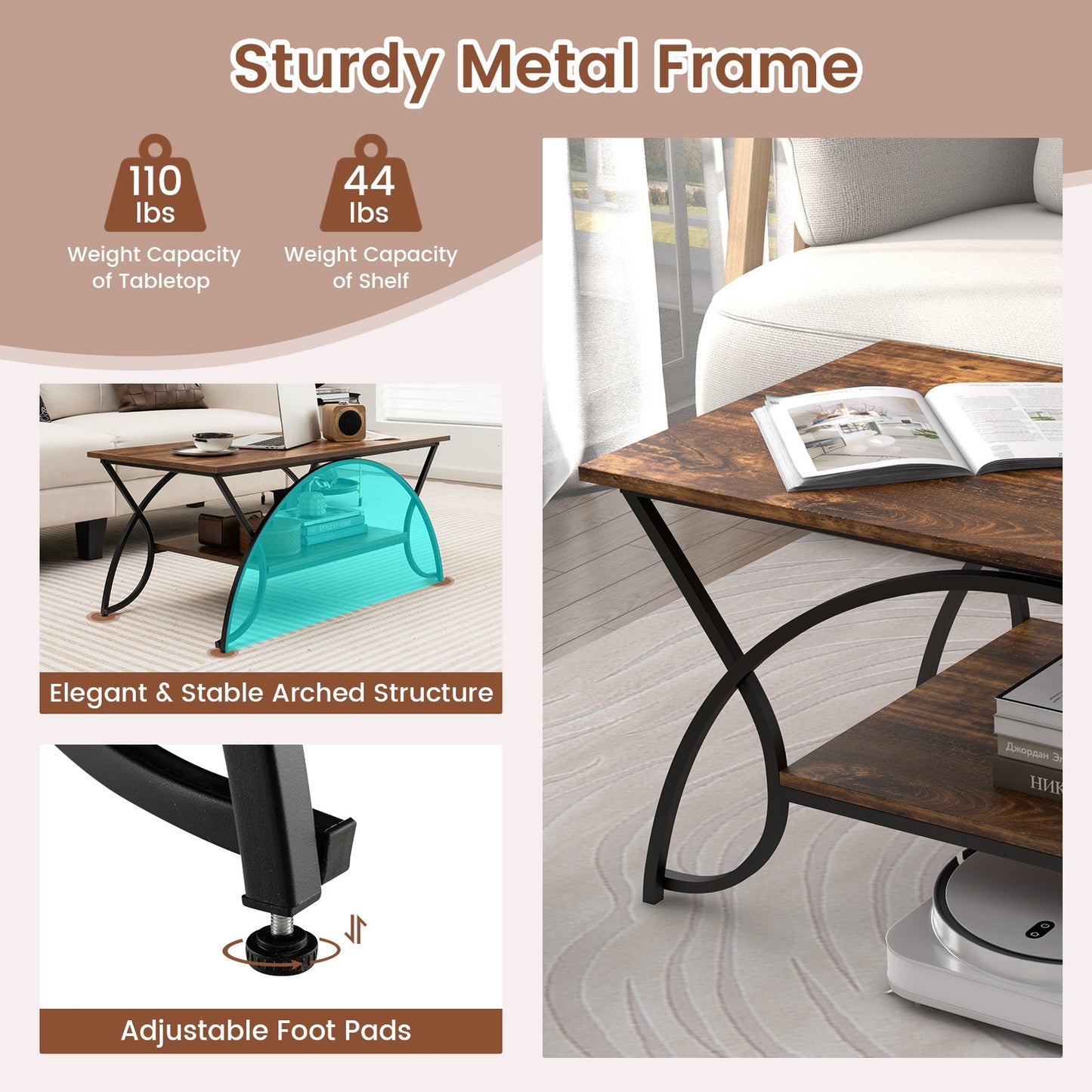 2-Tier Rectangle Coffee Table With Marble Pattern
