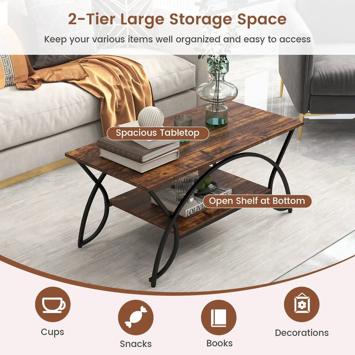 2-Tier Rectangle Coffee Table With Marble Pattern