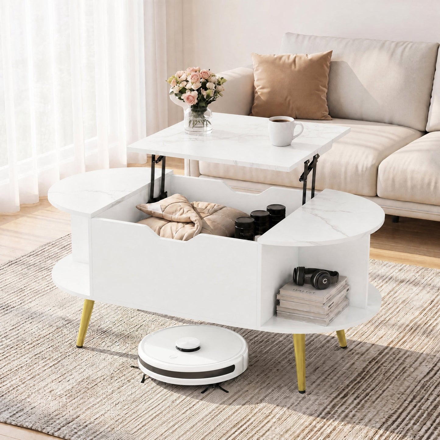 Lift Top Coffee Table DirectDeals with hidden compartment and shelves in white marble finish on Tampa Home & Garden Store