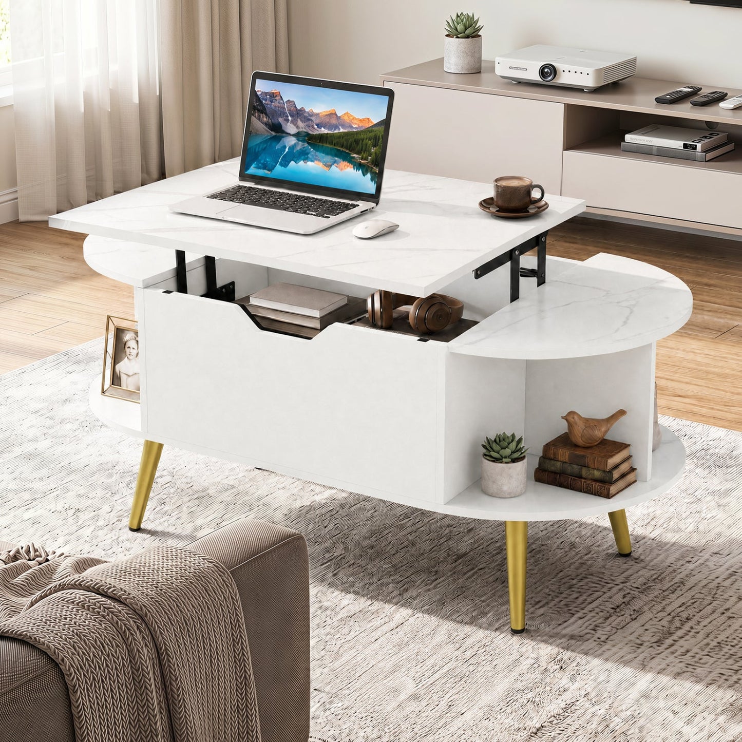 Lift Top Coffee Table with Hidden Compartment Shelves white finish, gold legs DirectDeals on Tampa Home & Garden Store