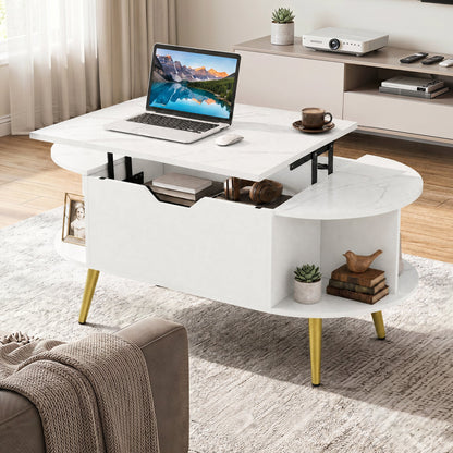 Lift Top Coffee Table with Hidden Compartment Shelves white finish, gold legs DirectDeals on Tampa Home & Garden Store