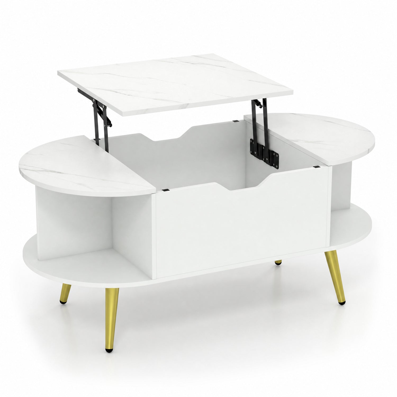 Lift Top Coffee Table with storage, marble top, black metal hinges, gold legs DirectDeals on Tampa Home & Garden Store