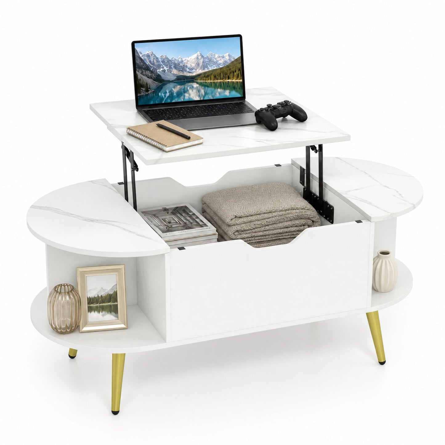 Lift Top Coffee Table with hidden storage and shelves, white marble finish, gold legs on display on Tampa Home & Garden Store