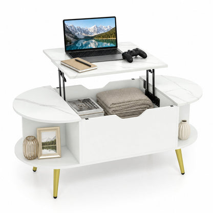 Lift Top Coffee Table with hidden storage and shelves, white marble finish, gold legs on display on Tampa Home & Garden Store