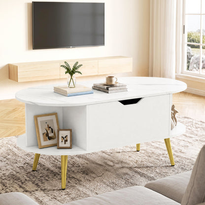 Lift Top Coffee Table with Hidden Compartment and Shelves, white top, gold legs on Tampa Home & Garden Store
