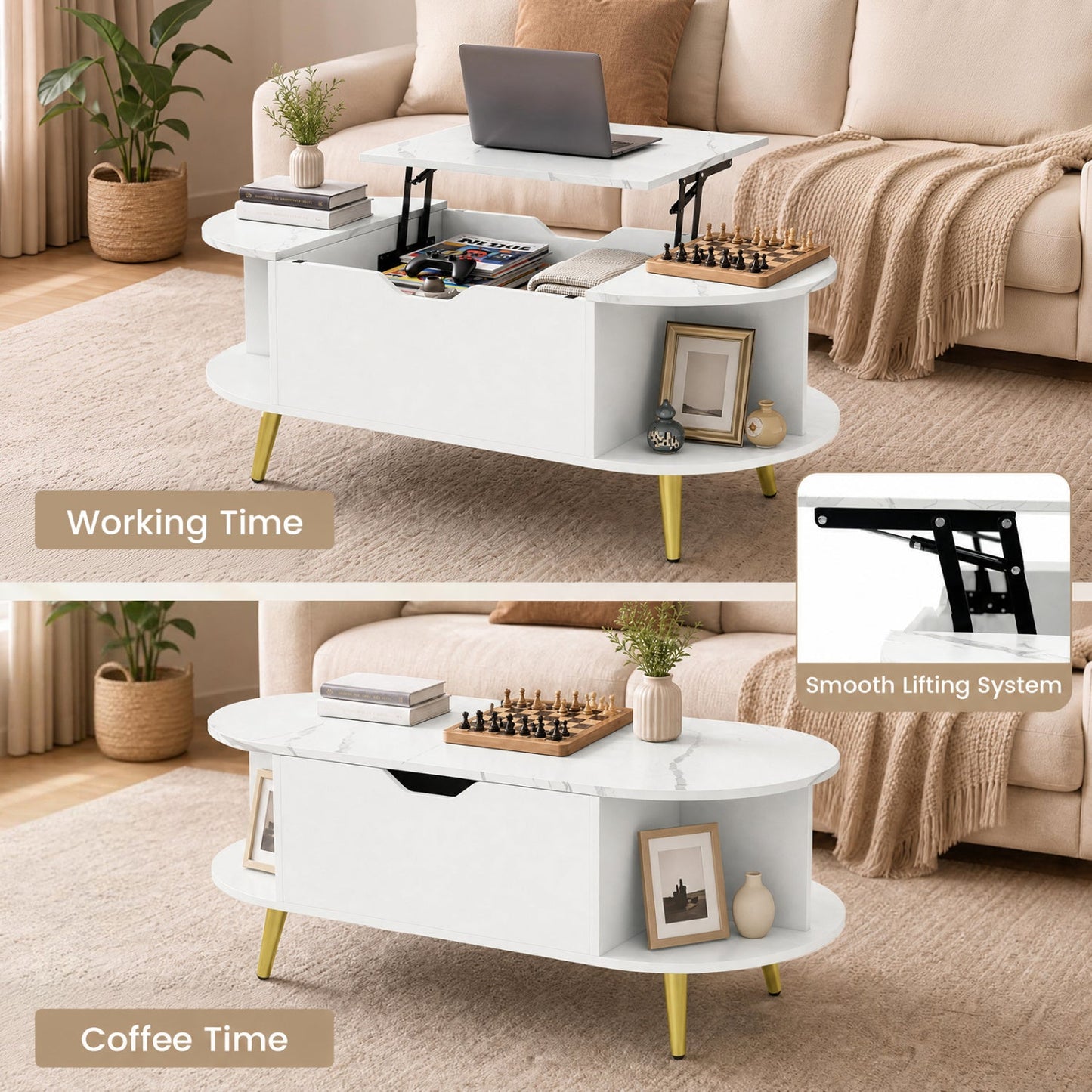 Lift-Top Coffee Table with Hidden Compartment and Shelves, white finish, gold legs on Tampa Home & Garden Store