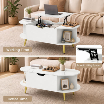 Lift-Top Coffee Table with Hidden Compartment and Shelves, white finish, gold legs on Tampa Home & Garden Store