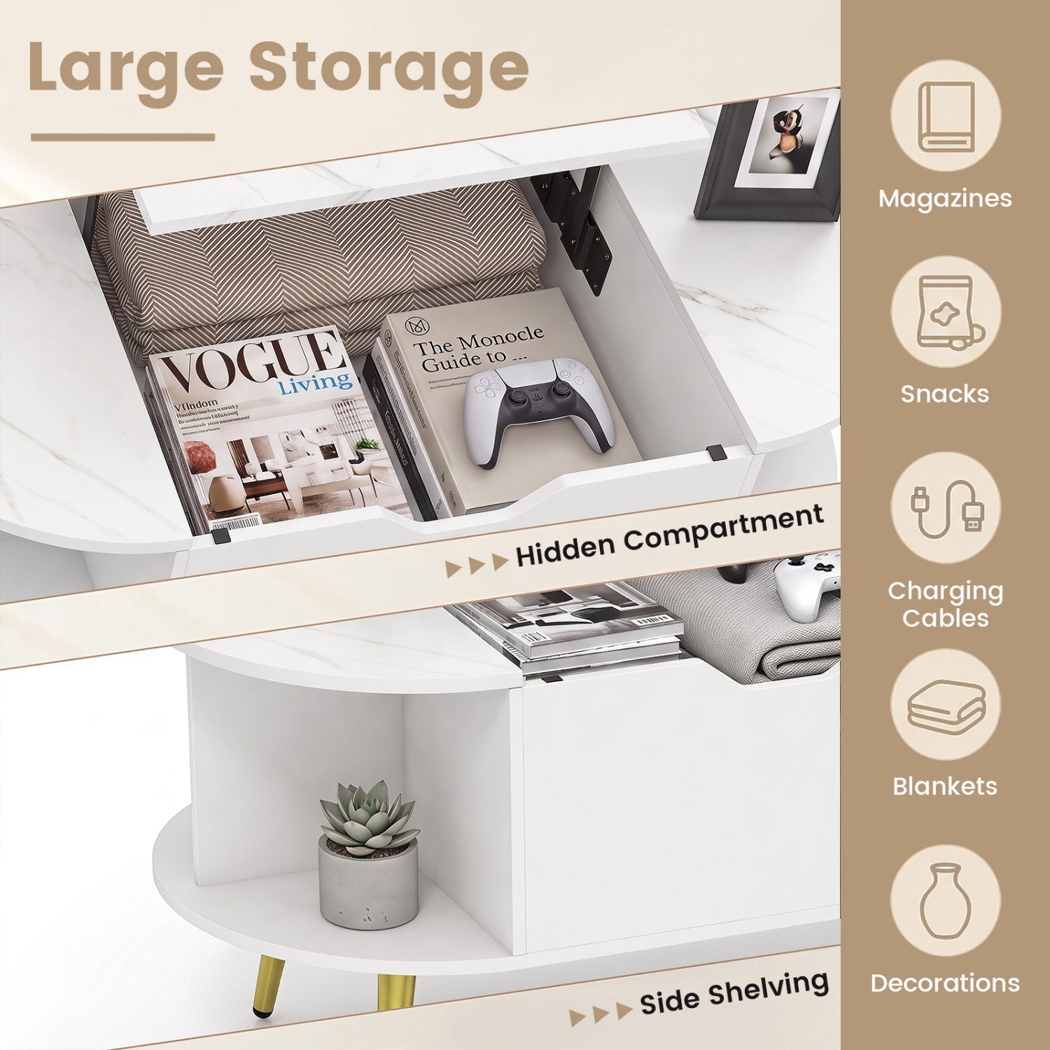 Lift Top Coffee Table with Hidden Compartment and Shelves, white gloss finish, DirectDeals on Tampa Home & Garden Store