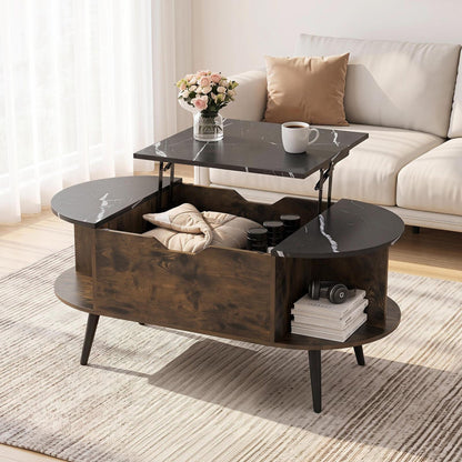 Lift Top Coffee Table with Hidden Compartment and Shelves, black marble top with white veining on Tampa Home & Garden Store