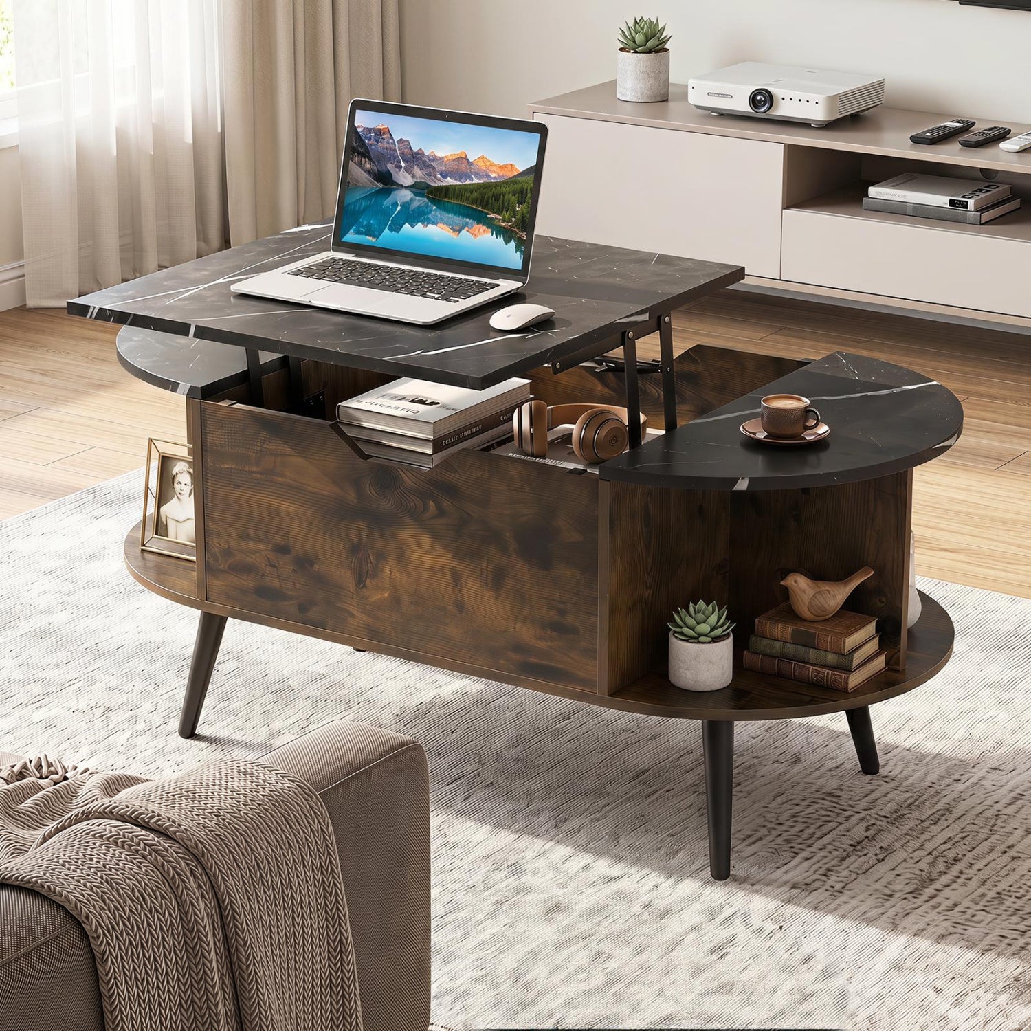 Lift Top Coffee Table with Hidden Compartment, shelves, dark wood, marble top DirectDeals on Tampa Home & Garden Store