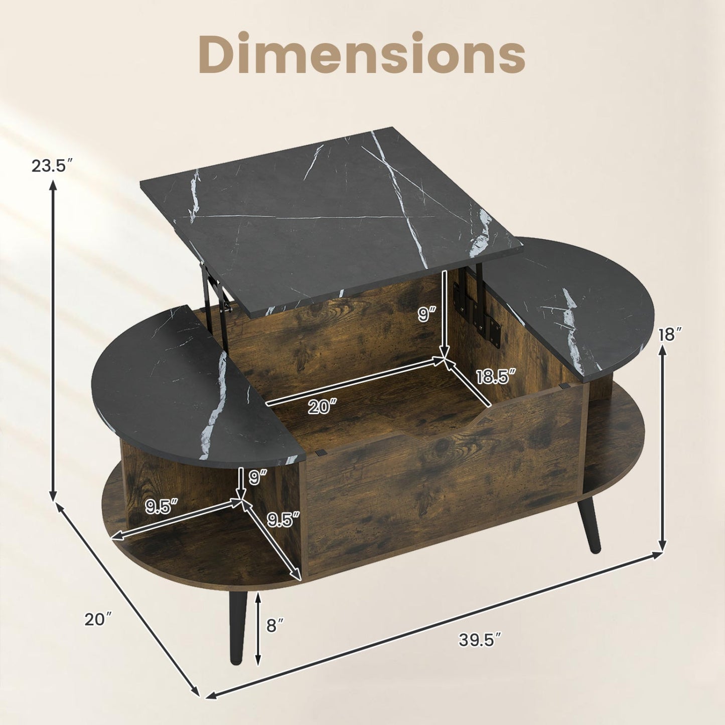 Lift Top Coffee Table with hidden compartment and shelves in dark marble finish DirectDeals on Tampa Home & Garden Store