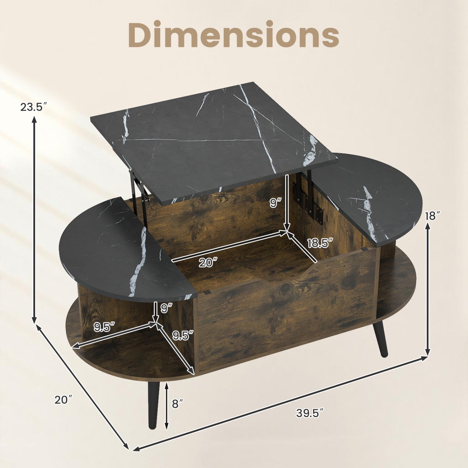 Lift Top Coffee Table with hidden compartment and shelves in dark marble finish DirectDeals on Tampa Home & Garden Store