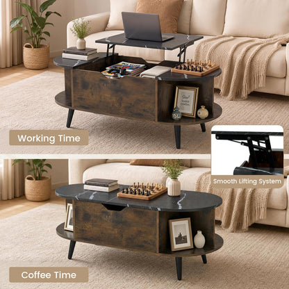 Lift Top Coffee Table with Hidden Compartment and Shelves in dark wood with marble top on Tampa Home & Garden Store