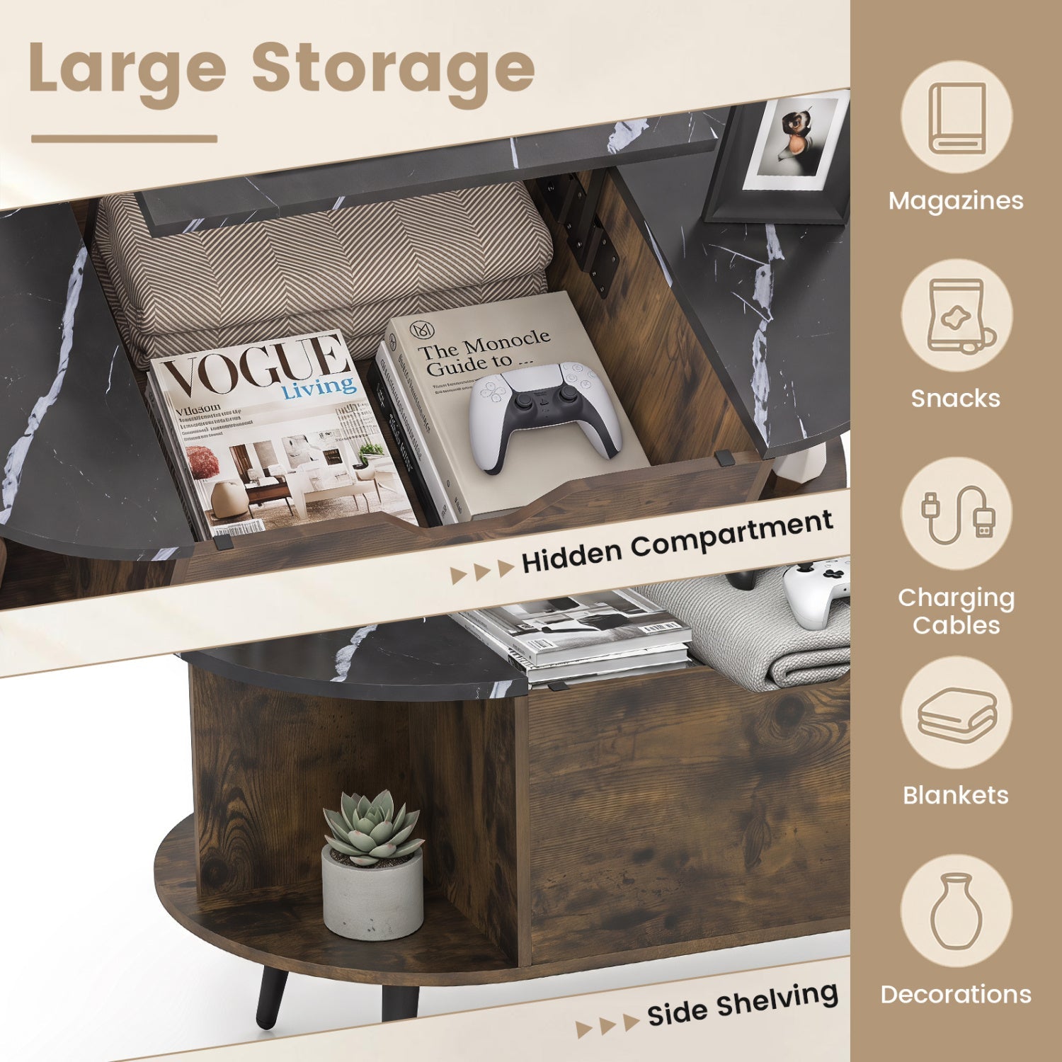 Lift Top Coffee Table by DirectDeals with Hidden Compartment and Shelves in dark wood on Tampa Home & Garden Store