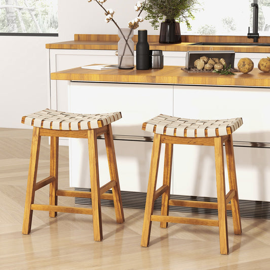 Faux PU Leather Bar Stools Set of 2 with Woven Curved Seat Natural-25.5 inches - Tampa Home & Garden Store