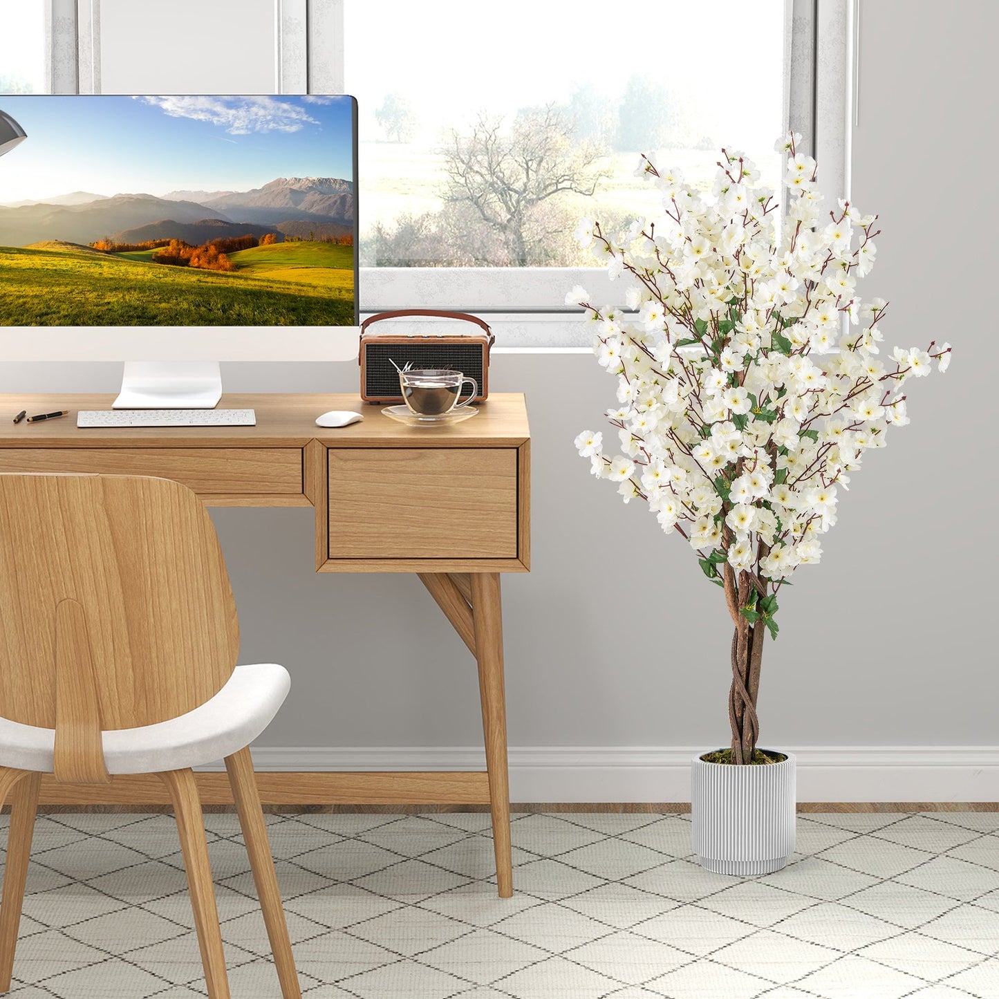 Faux Plum Blossom Plant with White Fabric Flower and Solid Wood Trunk-White