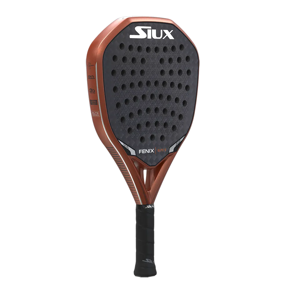 Fenix Elite 5 padel racket by Siux USA, orange frame with black perforated hitting surface on Tampa Home & Garden Store