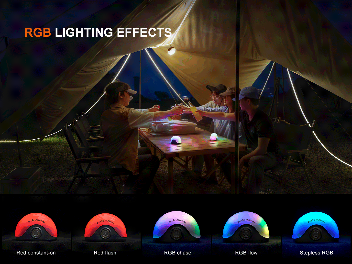 CL20R Pro Smart Multicolor Camping Lantern in use at a campsite with RGB lighting effects on Tampa Home & Garden Store