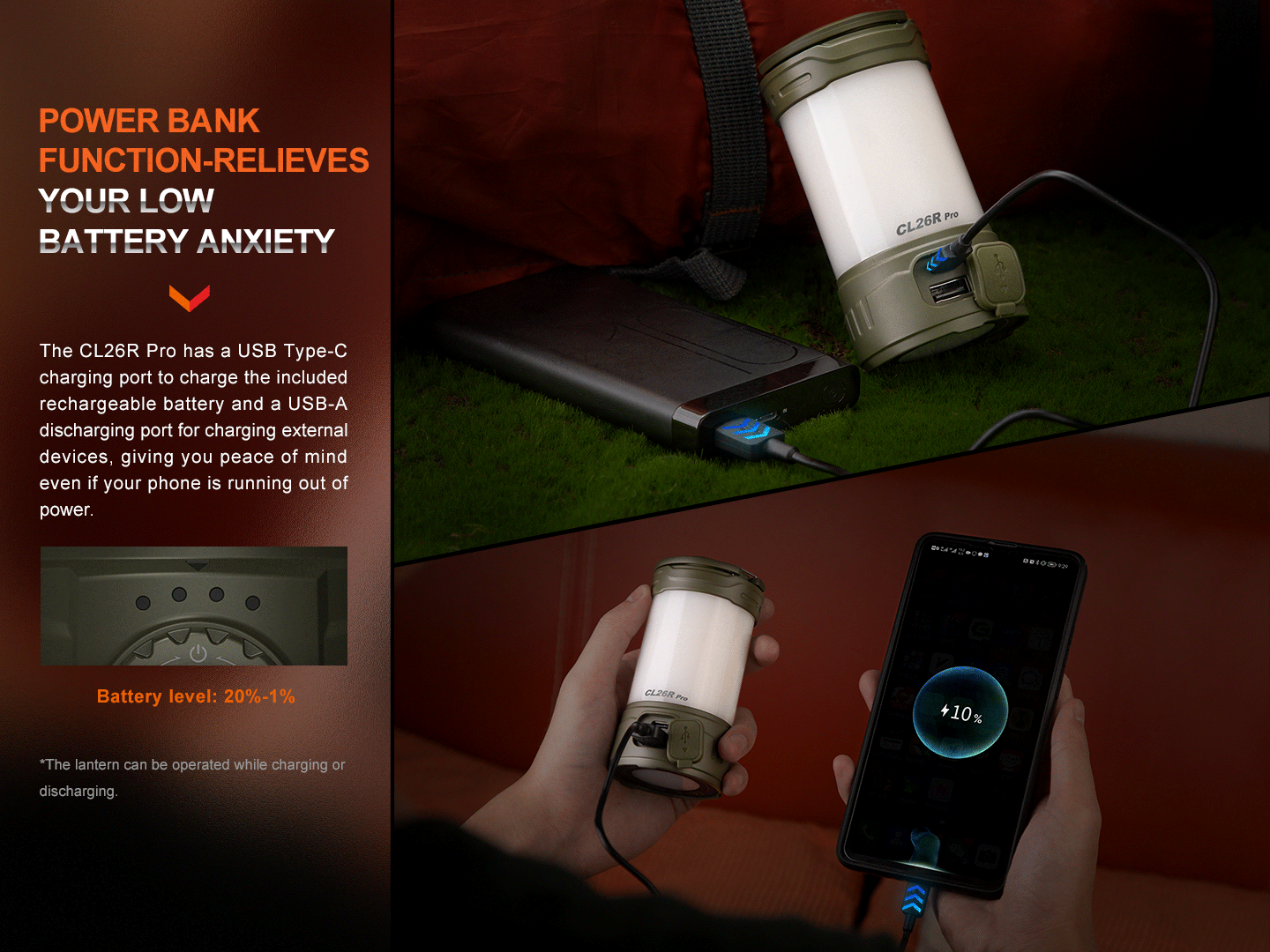 Fenix CL26R Pro camping lantern with olive-green housing charging from a USB-C power bank on Tampa Home & Garden Store