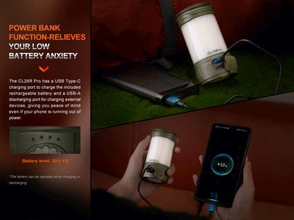Fenix CL26R Pro camping lantern with olive-green housing charging from a USB-C power bank on Tampa Home & Garden Store