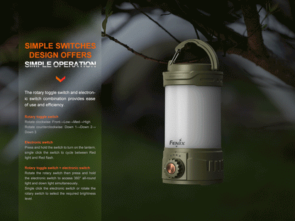 Lantern Fenix CL26R PRO camping lantern with olive-green top, white body, Fenix logo on Tampa Home & Garden Store
