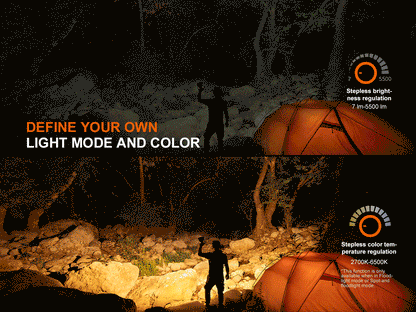 Fenix CP50R lantern promo banner with orange tent and camper, brightness/color dials on Tampa Home & Garden Store
