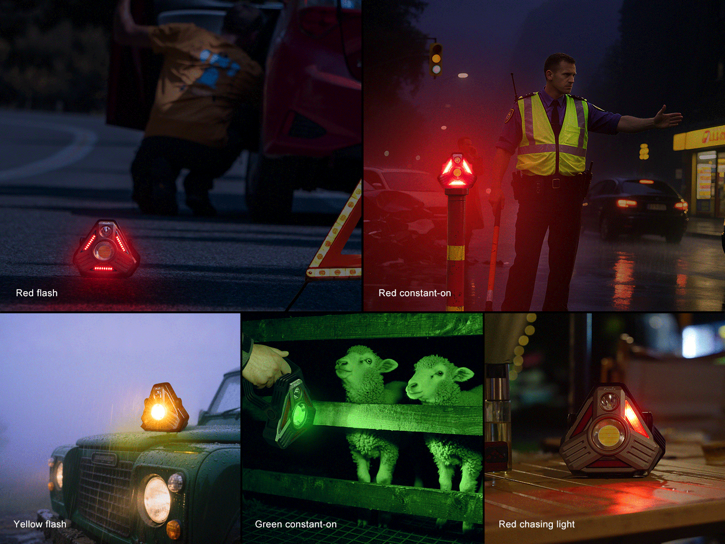 Fenix CP50R Lantern six-panel collage showing red flash, red constant-on, yellow flash on Tampa Home & Garden Store