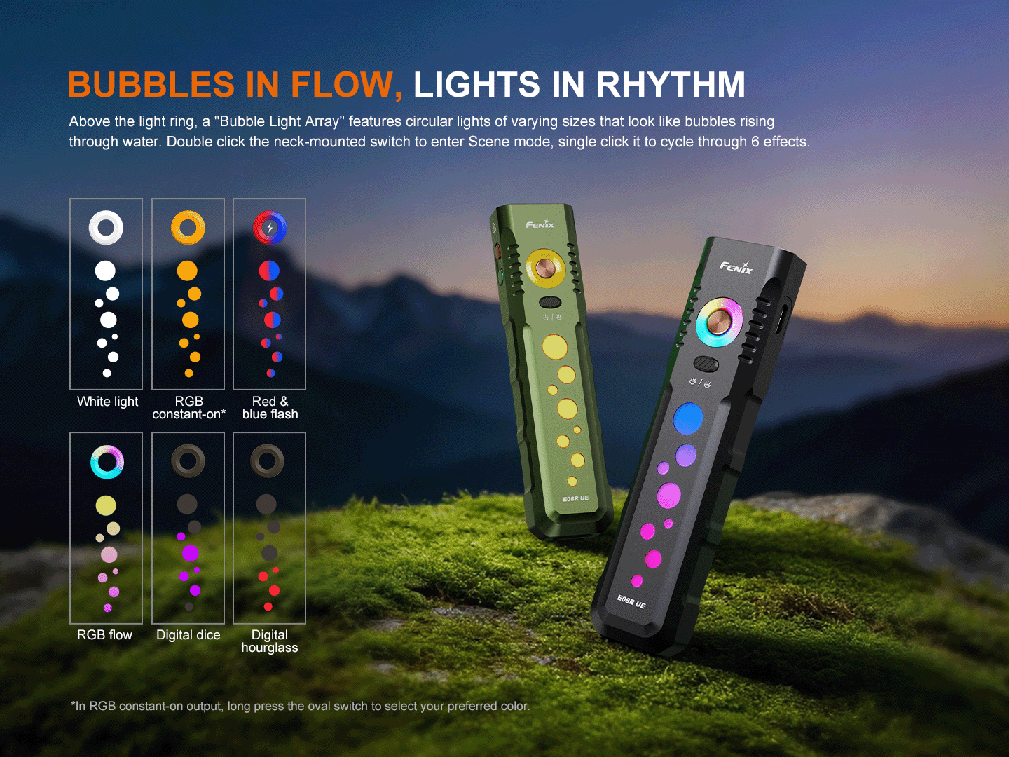 Fenix Store E08R UE EDC flashlight, green and black handheld torches with RGB LEDs, 2-pack on Tampa Home & Garden Store