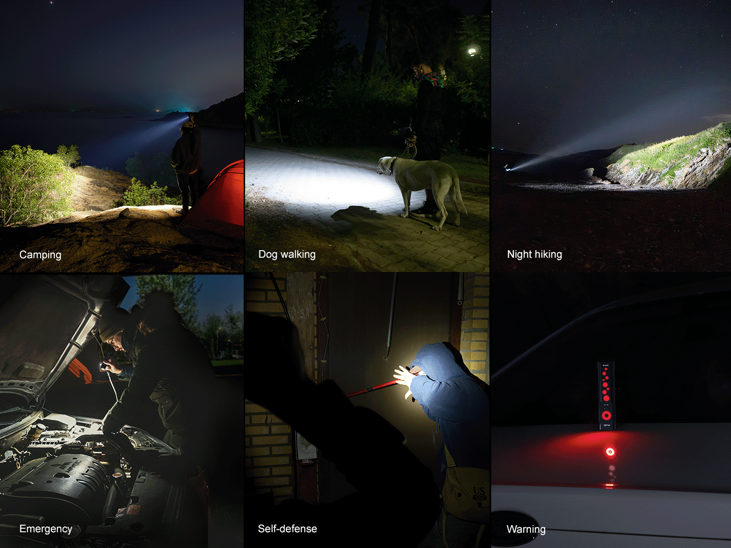 Fenix E08R UE Multi-Light EDC flashlight shown in camping, dog walking and night hiking scenes on Tampa Home & Garden Store