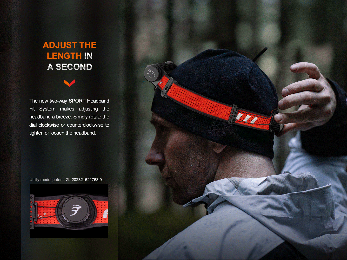 Headlamp Fenix HM62-T lightweight trail running headlamp with bright orange strap worn by hiker on Tampa Home & Garden Store