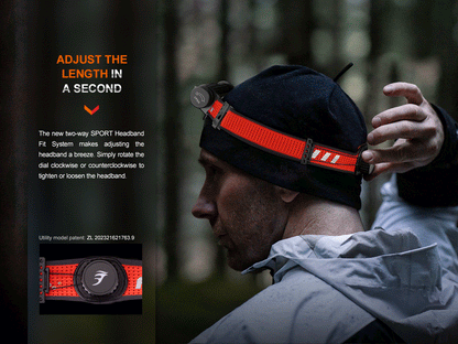 Headlamp Fenix HM62-T lightweight trail running headlamp with bright orange strap worn by hiker on Tampa Home & Garden Store