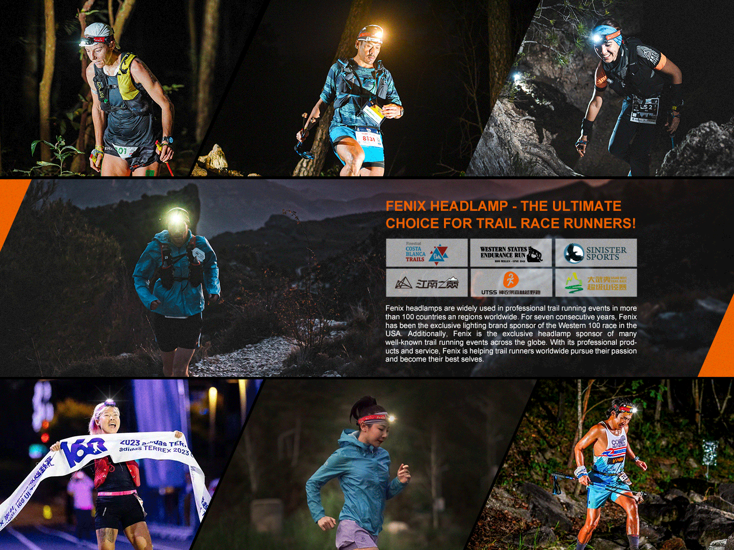 Fenix HM62-T lightweight trail running headlamp worn by night runners in a multi-photo collage on Tampa Home & Garden Store
