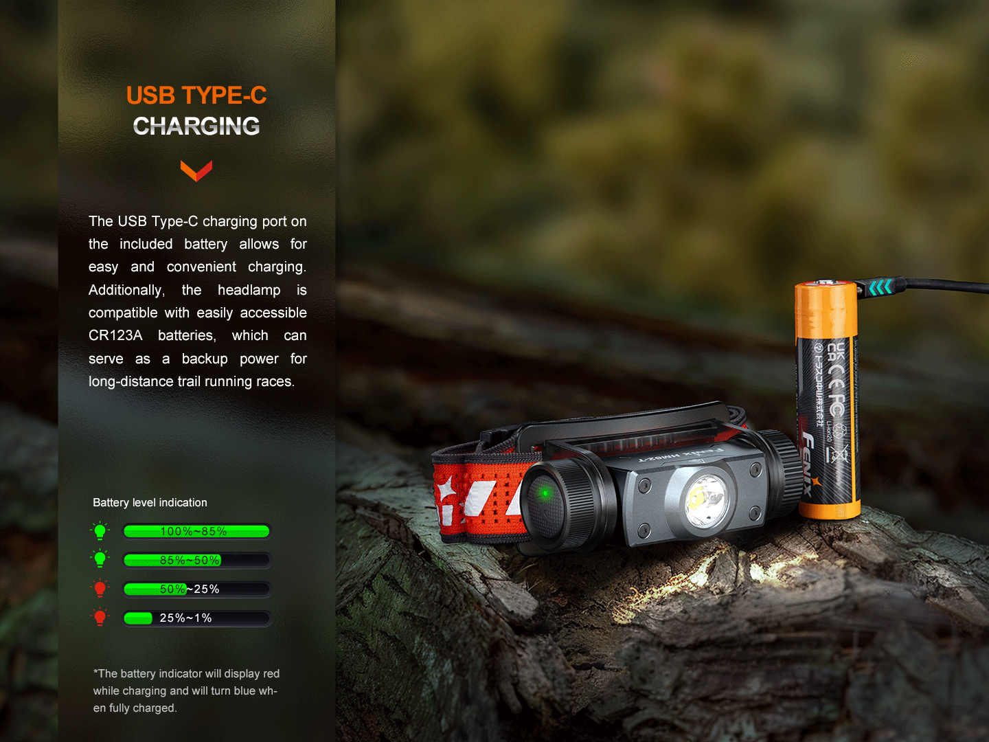 Headlamp: Fenix HM62-T with red/black strap on a log, orange CR123A battery nearby on Tampa Home & Garden Store