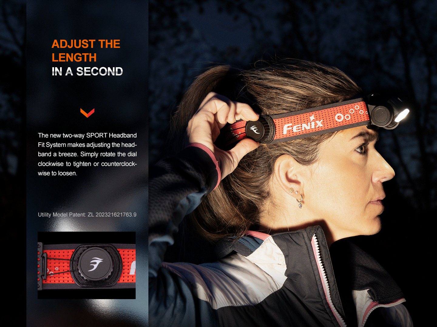 Fenix HM65R-T V2 rechargeable headlamp on red strap with Fenix logo worn by a woman on Tampa Home & Garden Store