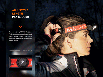 Fenix HM65R-T V2 rechargeable headlamp on red strap with Fenix logo worn by a woman on Tampa Home & Garden Store