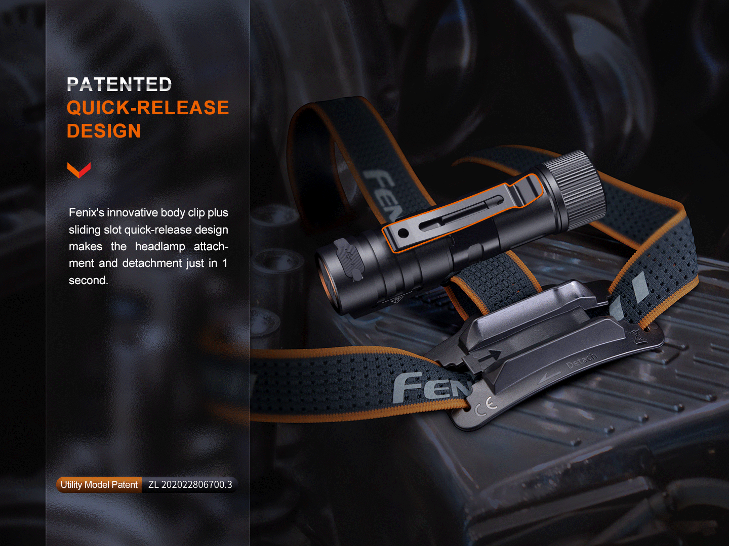 Fenix HM71R headlamp with quick-release body clip and adjustable black/orange strap on Tampa Home & Garden Store