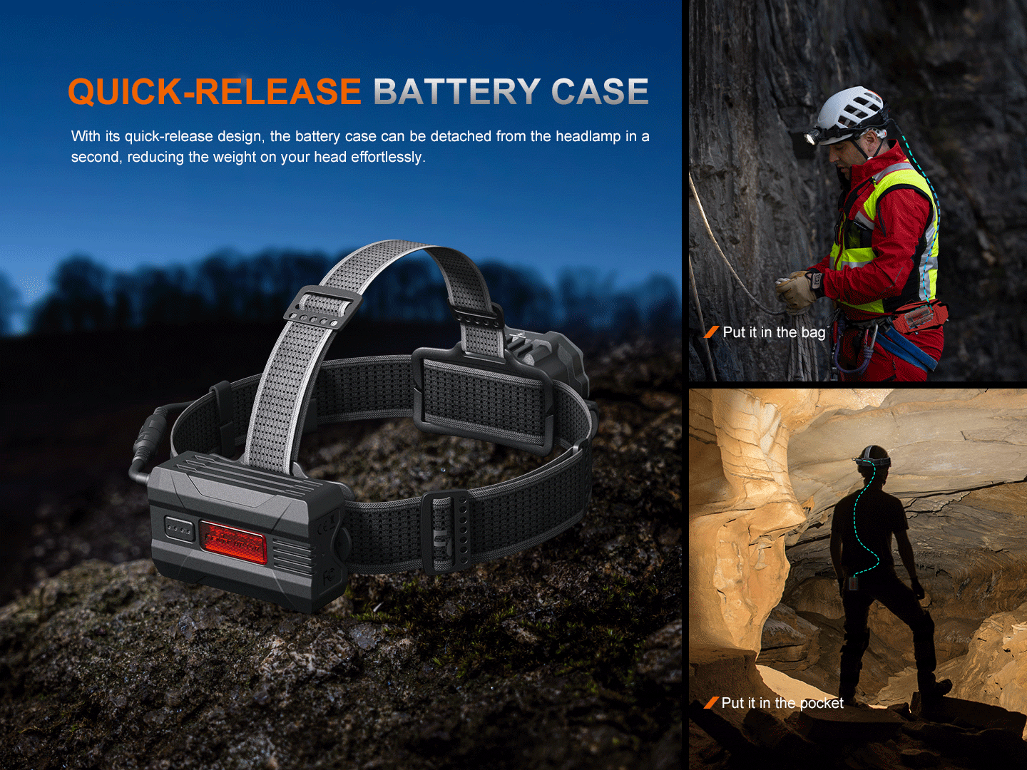 Fenix HP35R headlamp with quick-release battery case, black/gray strap for search and rescue on Tampa Home & Garden Store
